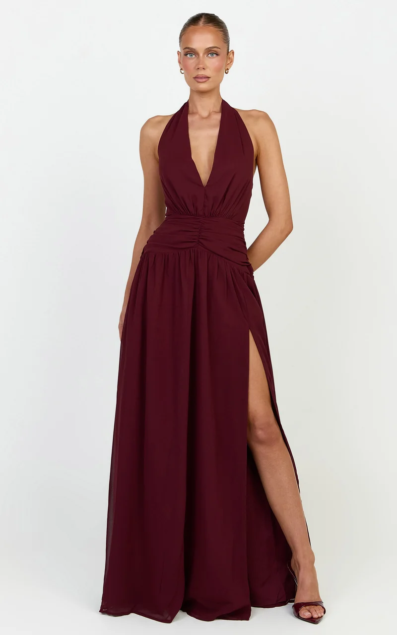 Nova Maxi Dress - Plunge Neckline Backless Georgette Dress in Wine