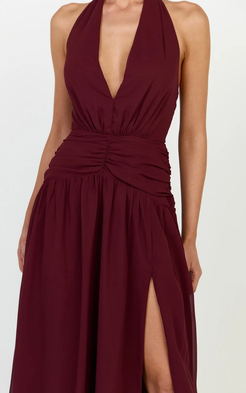 Nova Maxi Dress - Plunge Neckline Backless Georgette Dress in Wine