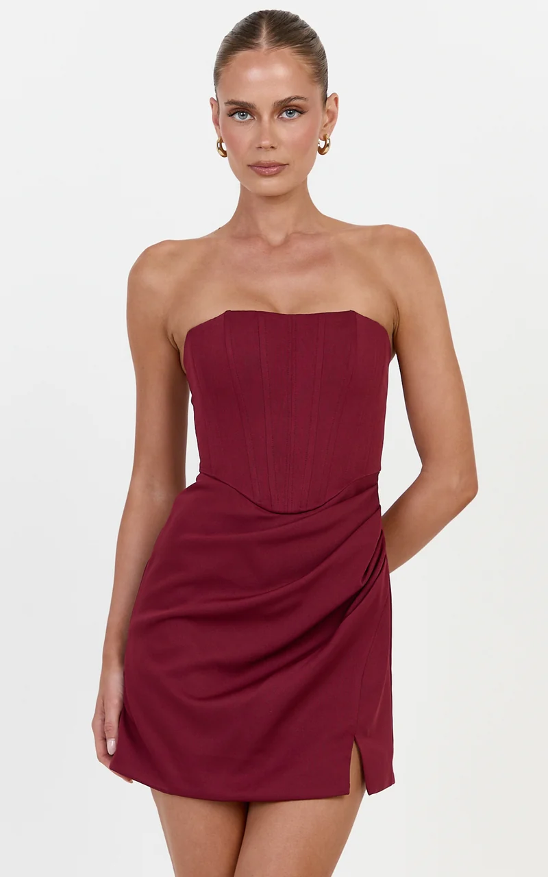 Avery Mini Dress - Strapless Corset Bodice Draped Dress in Wine