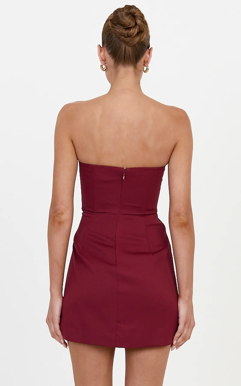 Avery Mini Dress - Strapless Corset Bodice Draped Dress in Wine