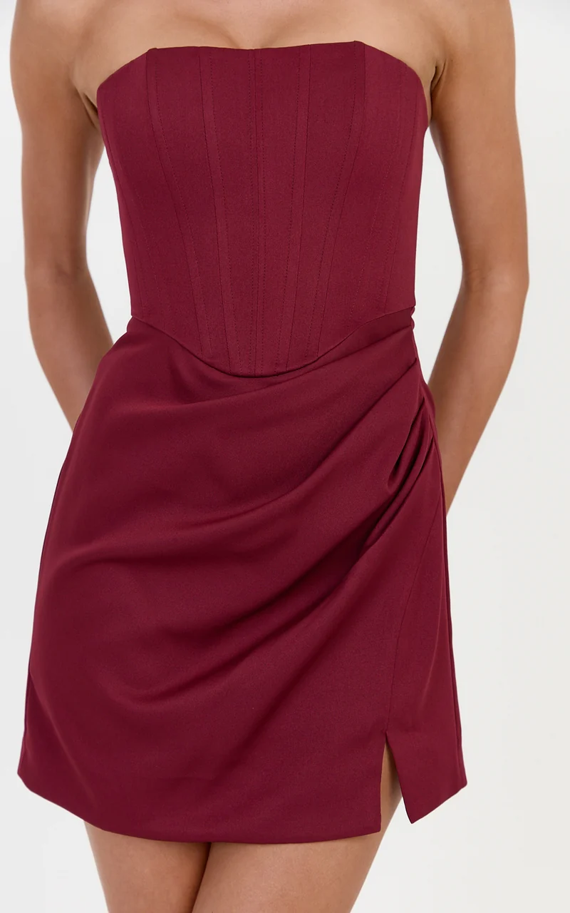 Avery Mini Dress - Strapless Corset Bodice Draped Dress in Wine