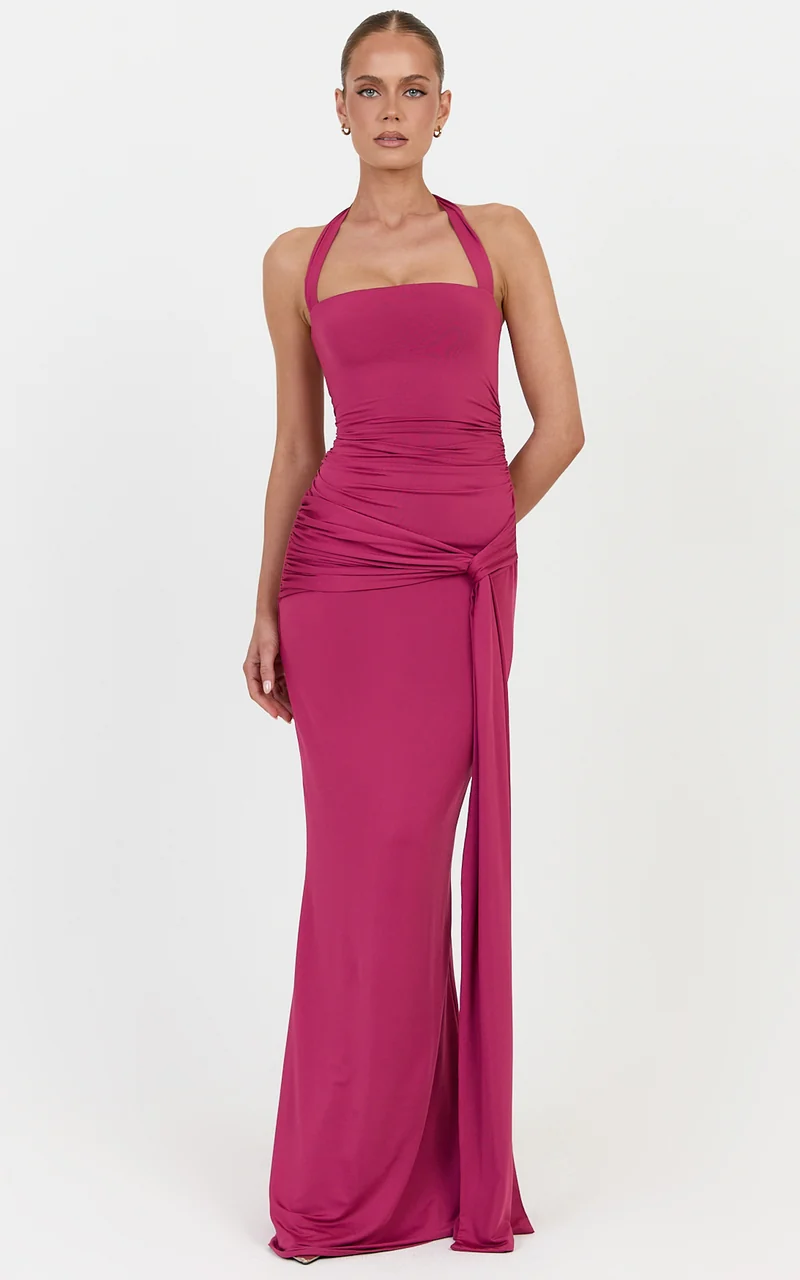 Amaya Maxi Dress - Draped Sash Halter Dress in Rose