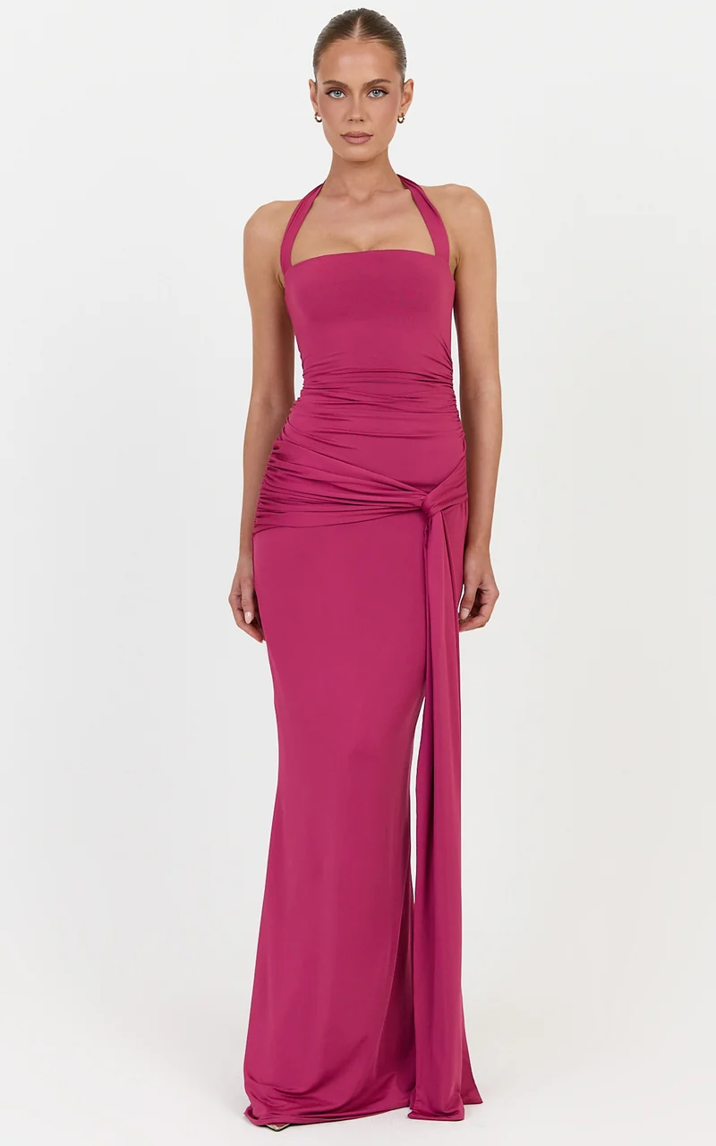 Amaya Maxi Dress - Draped Sash Halter Dress in Rose