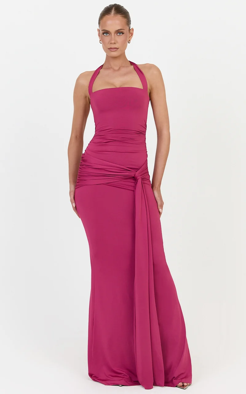 Amaya Maxi Dress - Draped Sash Halter Dress in Rose
