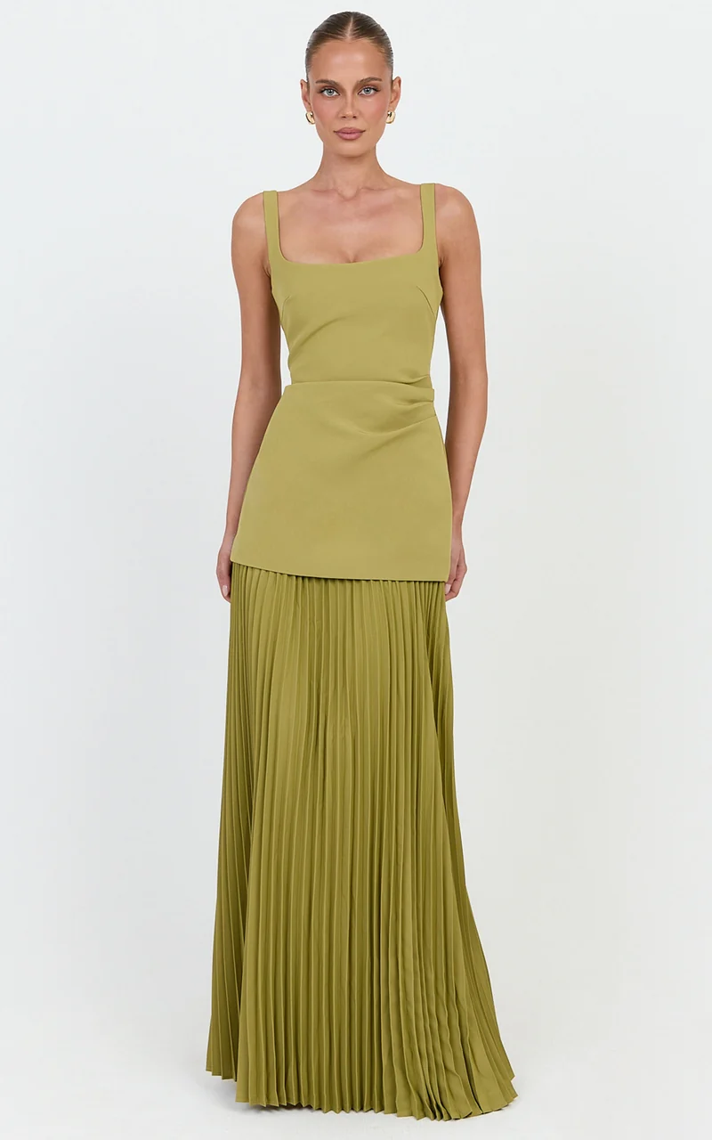 Sol Maxi Dress - Scooped Neck Contrast Pleated Dress in Olive