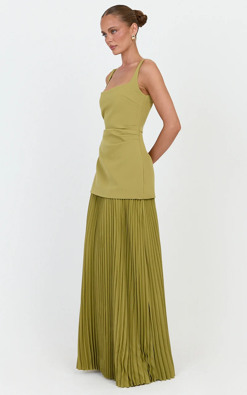 Sol Maxi Dress - Scooped Neck Contrast Pleated Dress in Olive
