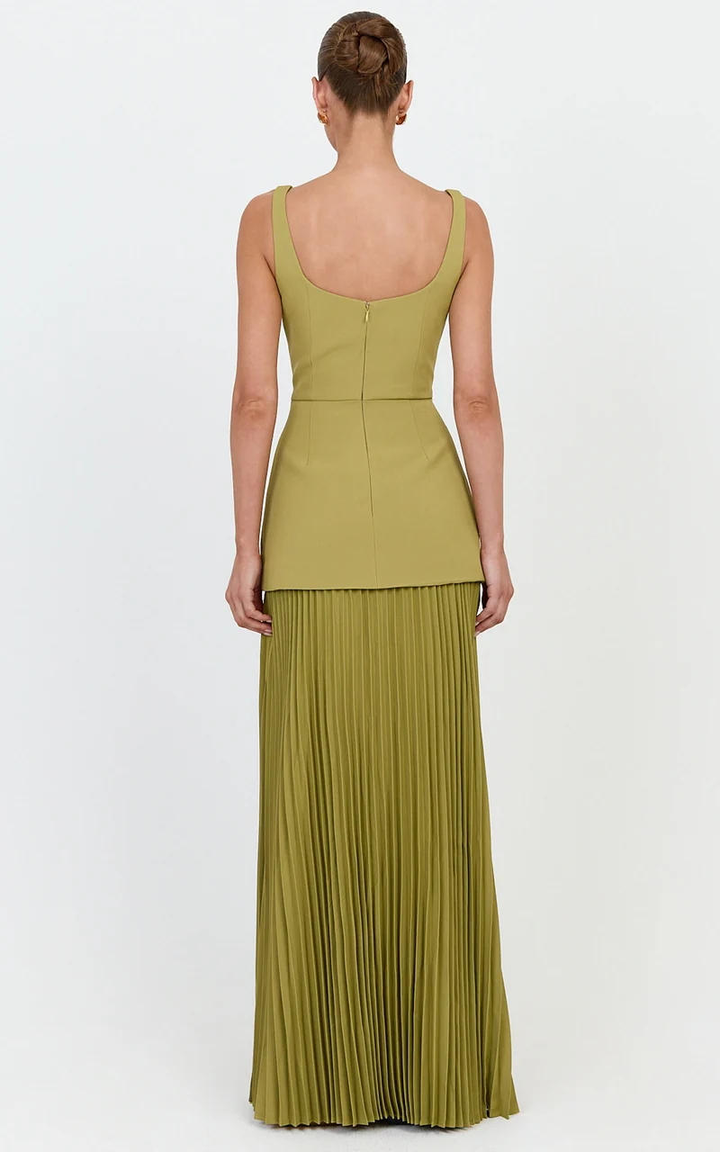 Sol Maxi Dress - Scooped Neck Contrast Pleated Dress in Olive