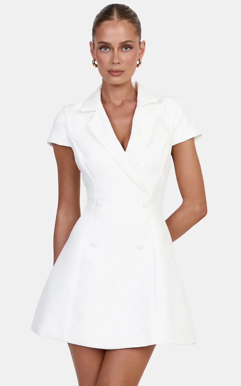 Clementine Mini Dress - Cap Sleeve Double Breasted Dress in Ivory
