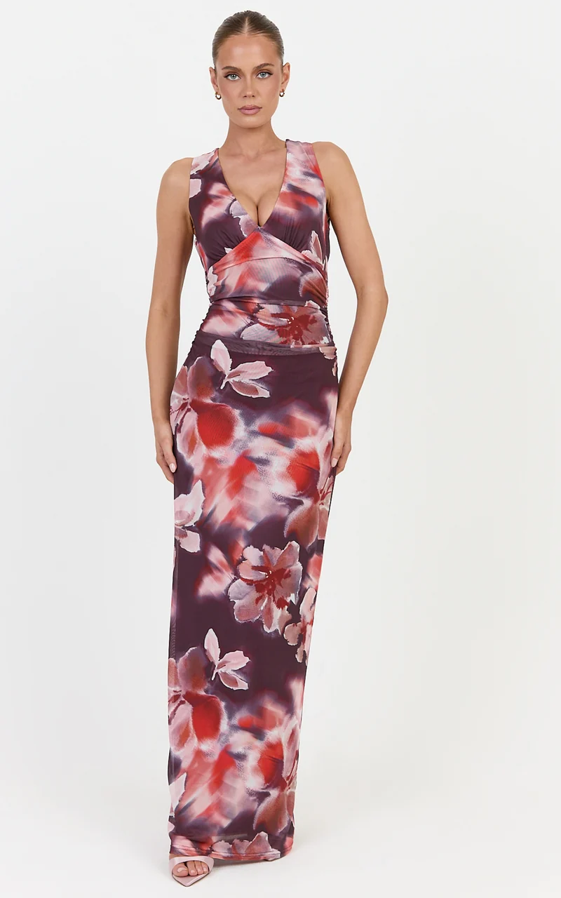 Cordelia Maxi Dress - V Neckline Ruched Bodice Dress in Midnight Blossoms Print