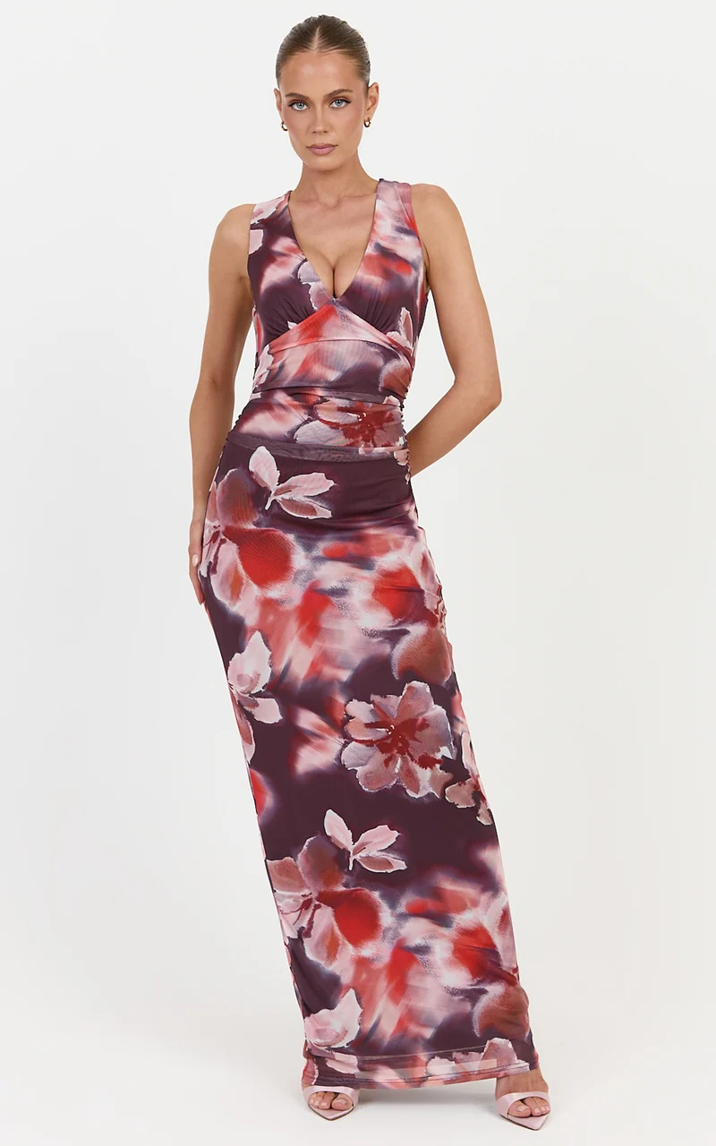 Cordelia Maxi Dress - V Neckline Ruched Bodice Dress in Midnight Blossoms Print