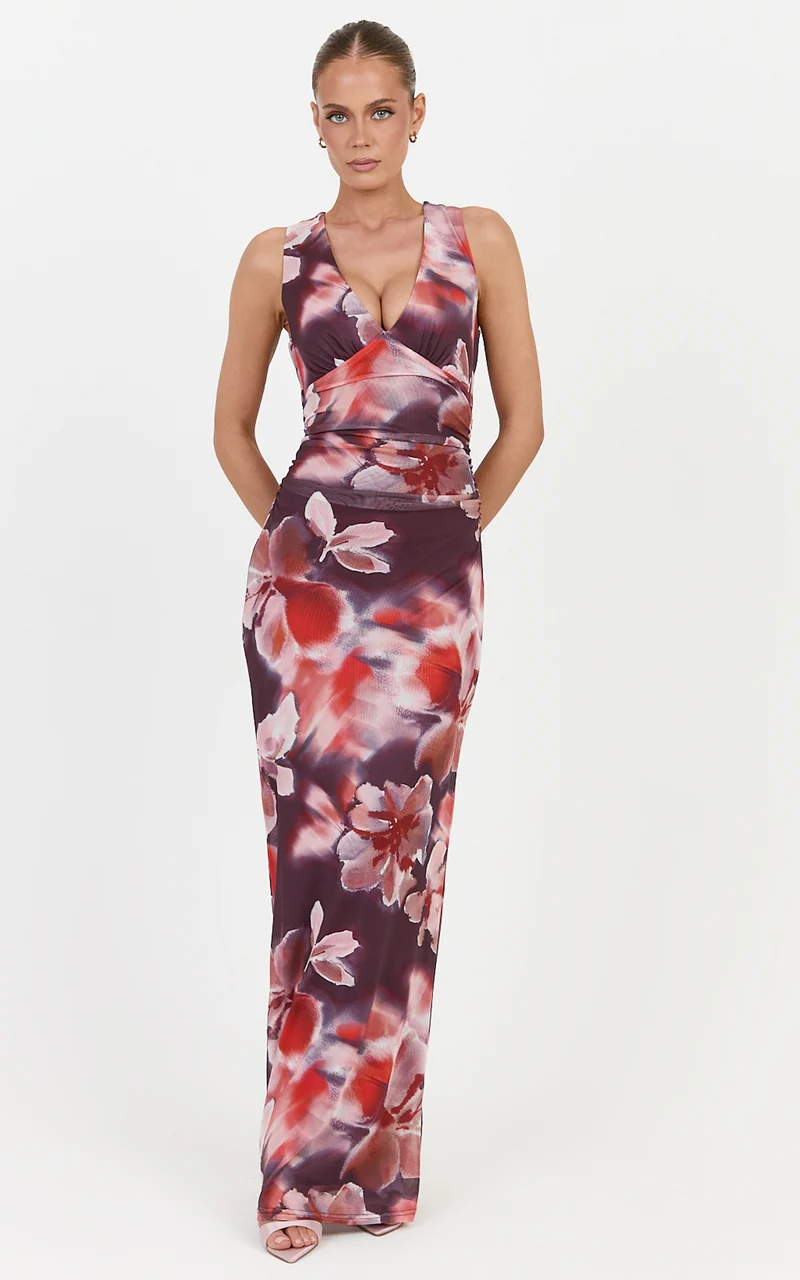 Cordelia Maxi Dress - V Neckline Ruched Bodice Dress in Midnight Blossoms Print