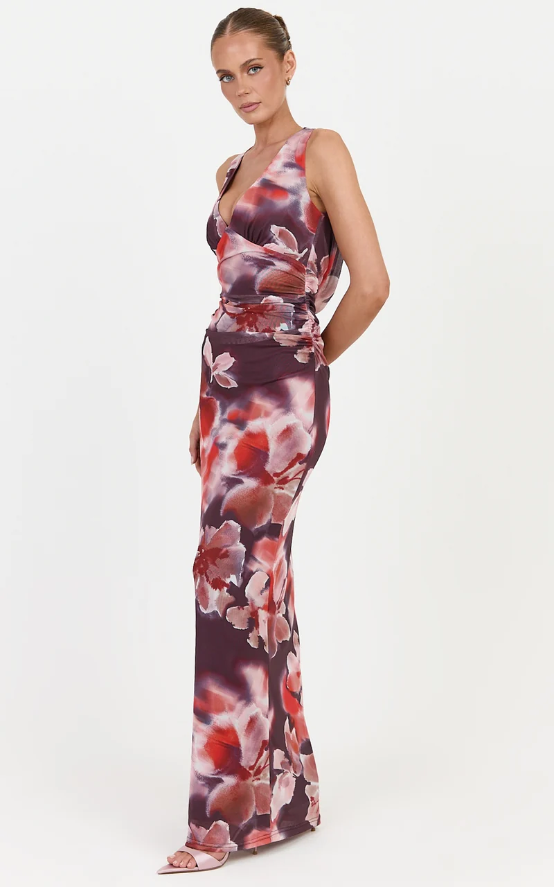 Cordelia Maxi Dress - V Neckline Ruched Bodice Dress in Midnight Blossoms Print