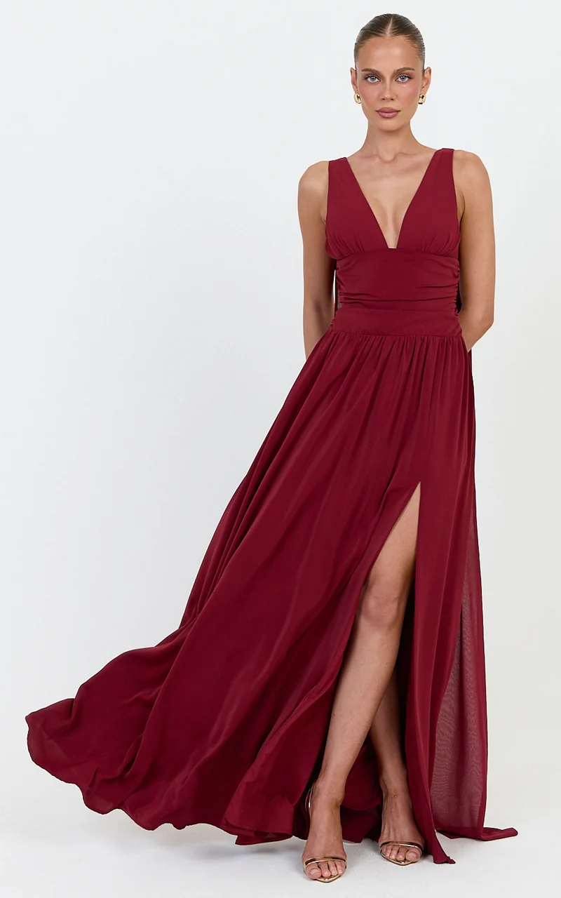Tatiana Maxi Dress - Plunge Neckline Fit And Flare Dress in Wine