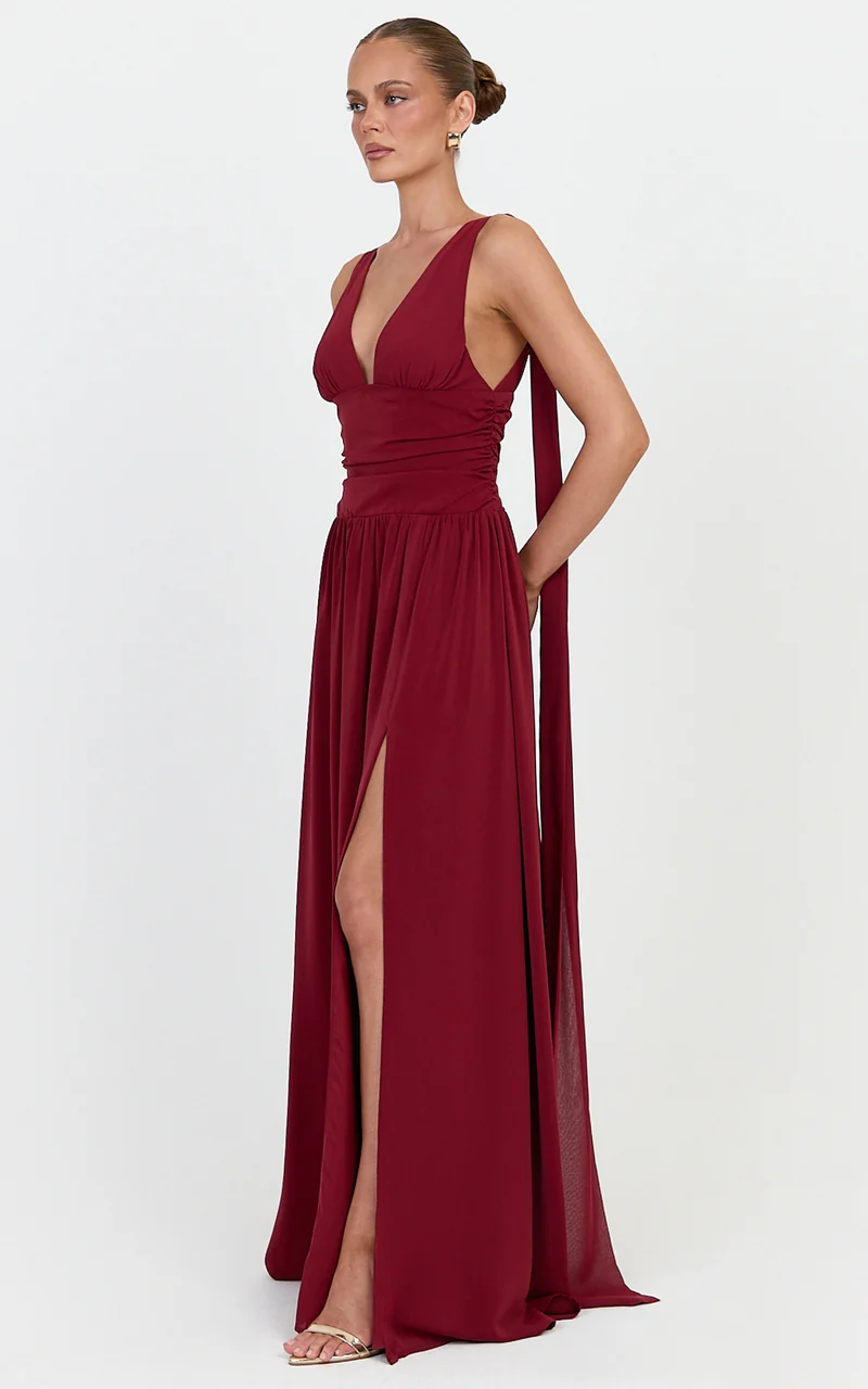 Tatiana Maxi Dress - Plunge Neckline Fit And Flare Dress in Wine