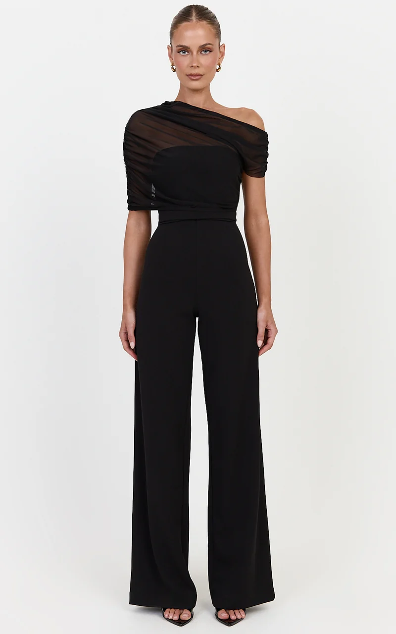 Eira Jumpsuit - Strapless Straight Leg Jumpsuit With Sheer Mesh Cape Overlay in Black