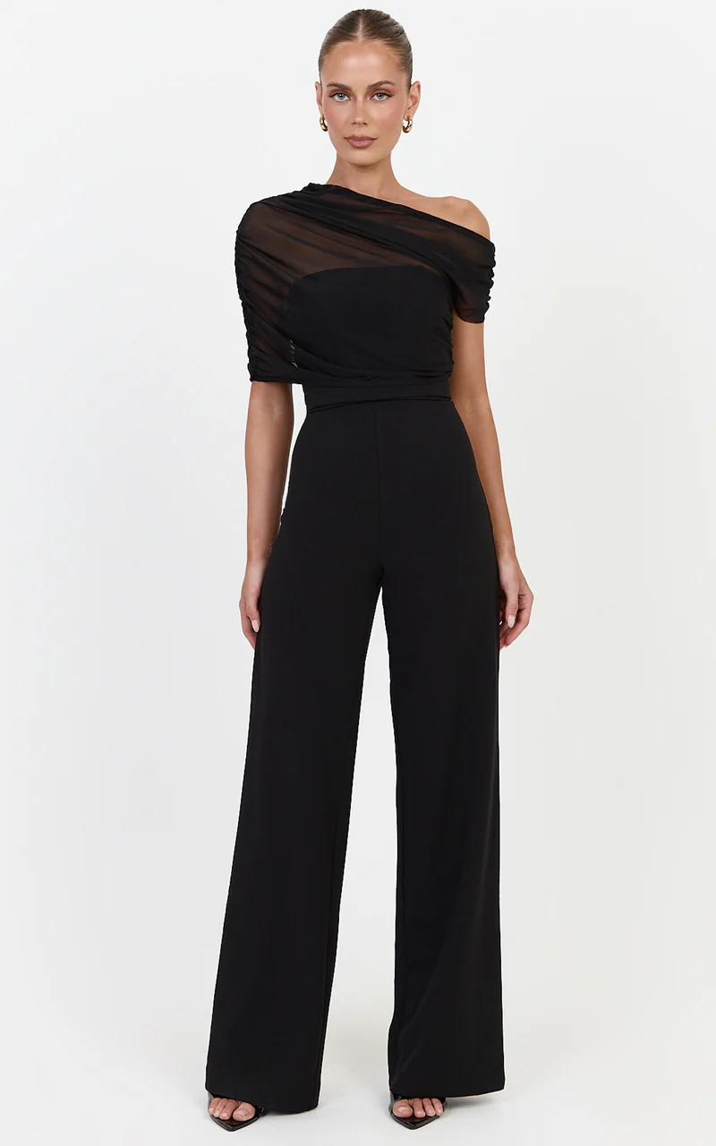 Eira Jumpsuit - Strapless Straight Leg Jumpsuit With Sheer Mesh Cape Overlay in Black