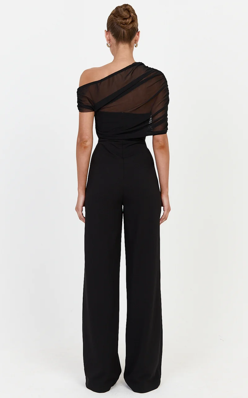 Eira Jumpsuit - Strapless Straight Leg Jumpsuit With Sheer Mesh Cape Overlay in Black