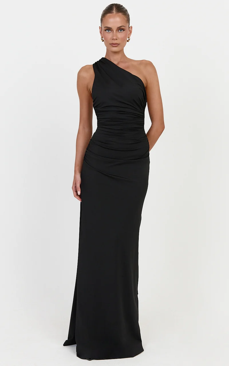 Cressida Maxi Dress - Backless One Shoulder Jersey Dress With Back Sash Detail in Black