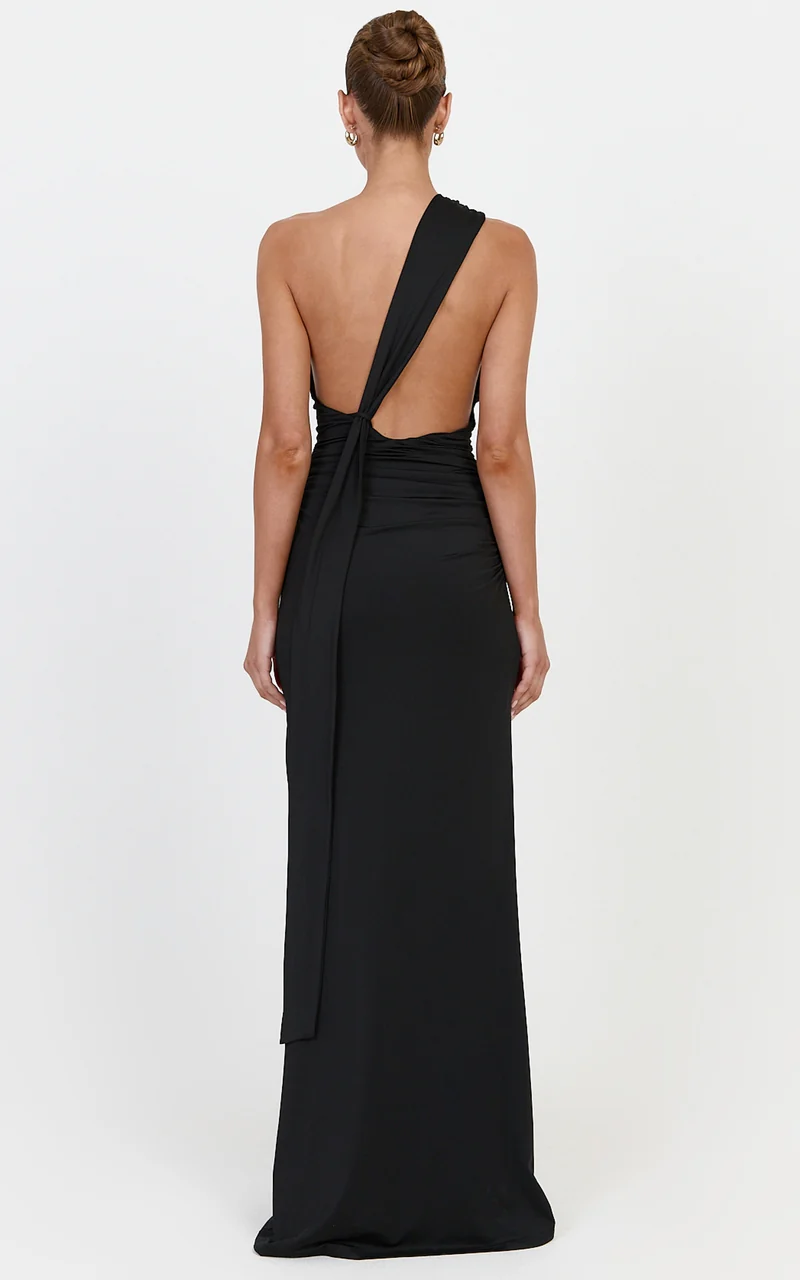 Cressida Maxi Dress - Backless One Shoulder Jersey Dress With Back Sash Detail in Black