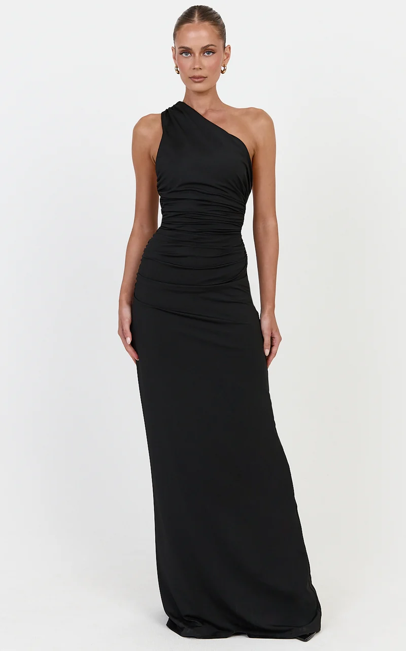 Cressida Maxi Dress - Backless One Shoulder Jersey Dress With Back Sash Detail in Black
