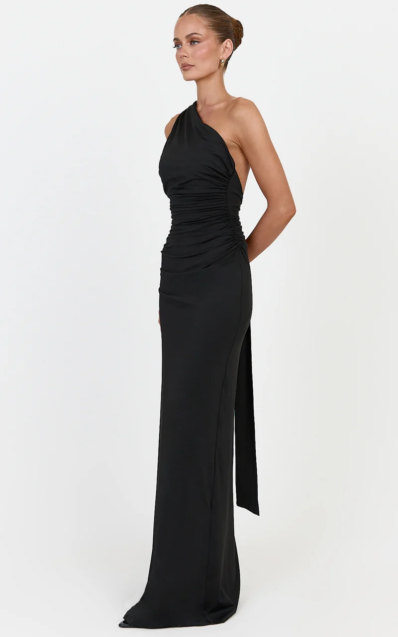 Cressida Maxi Dress - Backless One Shoulder Jersey Dress With Back Sash Detail in Black