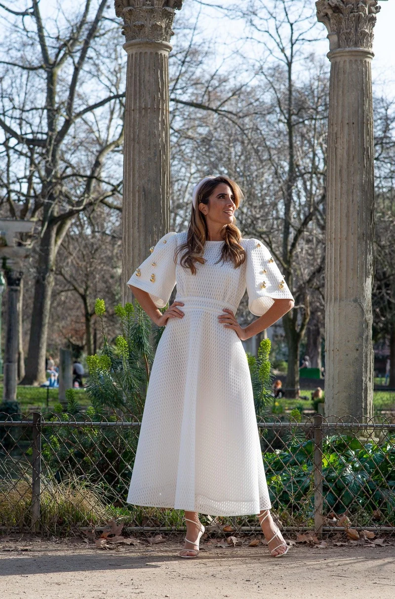 Vente Robe midi en nid d'abeille blanche