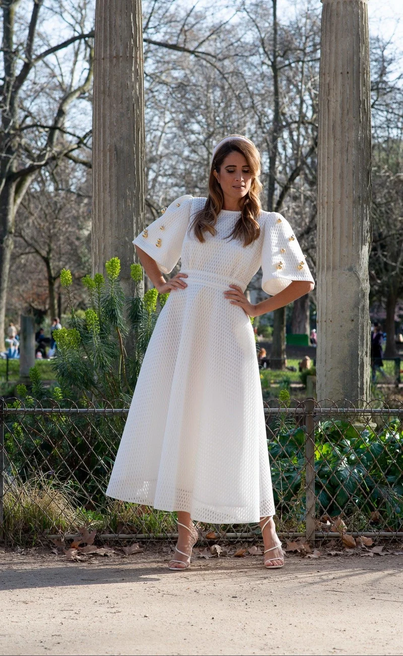 Vente Robe midi en nid d'abeille blanche