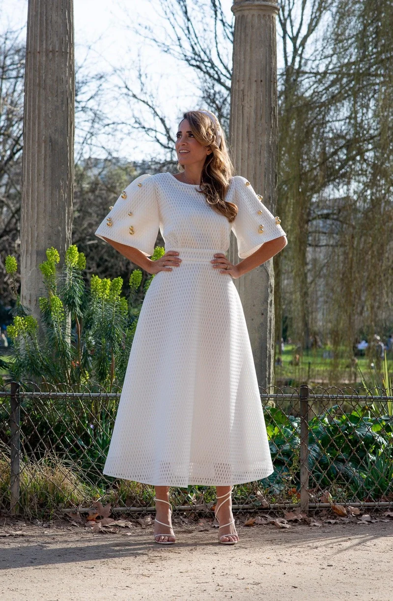 Vente Robe midi en nid d'abeille blanche