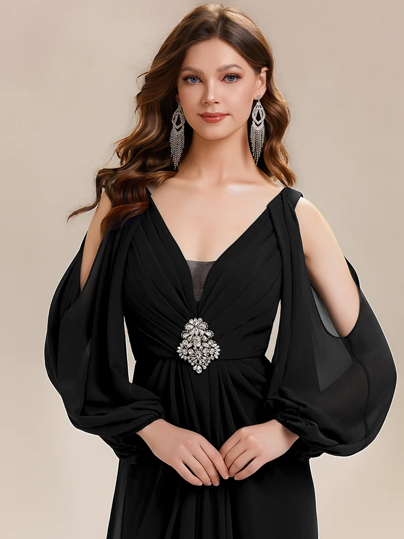ever MARINA|Robe Maxi à Manches Longues Col V avec Détails en Strass Froncés