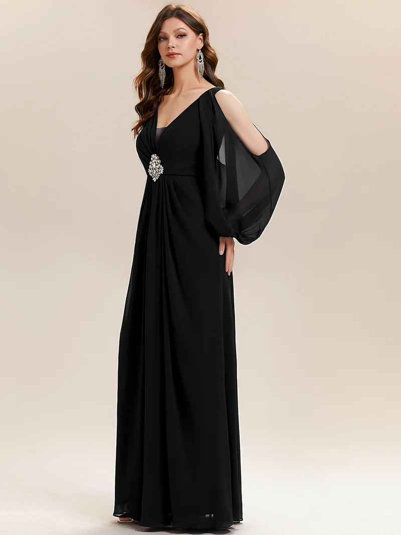 ever MARINA|Robe Maxi à Manches Longues Col V avec Détails en Strass Froncés