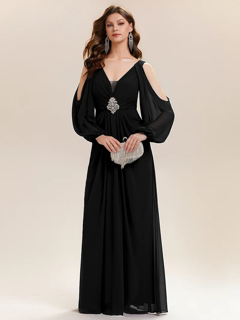 ever MARINA|Robe Maxi à Manches Longues Col V avec Détails en Strass Froncés