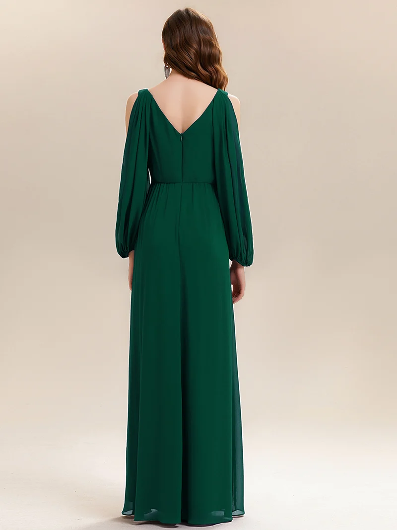 ever MARINA|Robe Maxi à Manches Longues Col V avec Détails en Strass Froncés