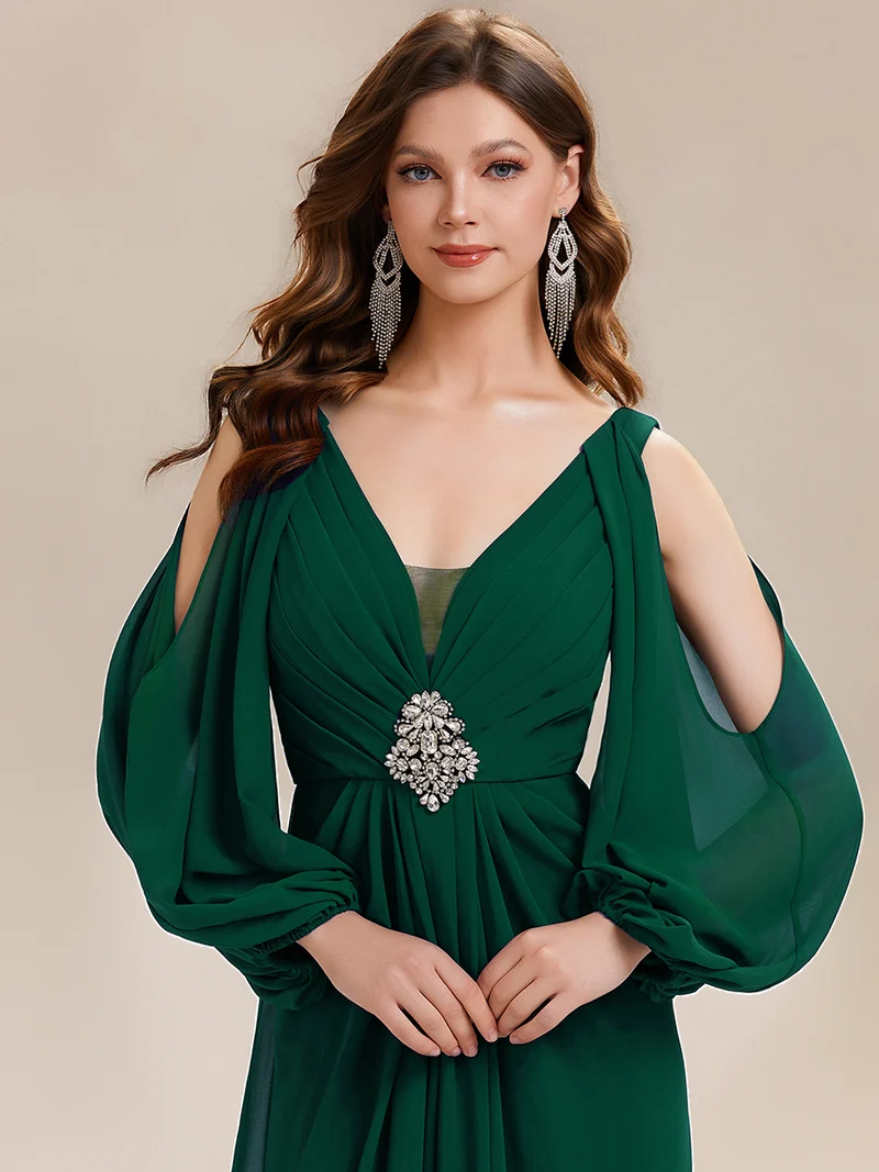 ever MARINA|Robe Maxi à Manches Longues Col V avec Détails en Strass Froncés