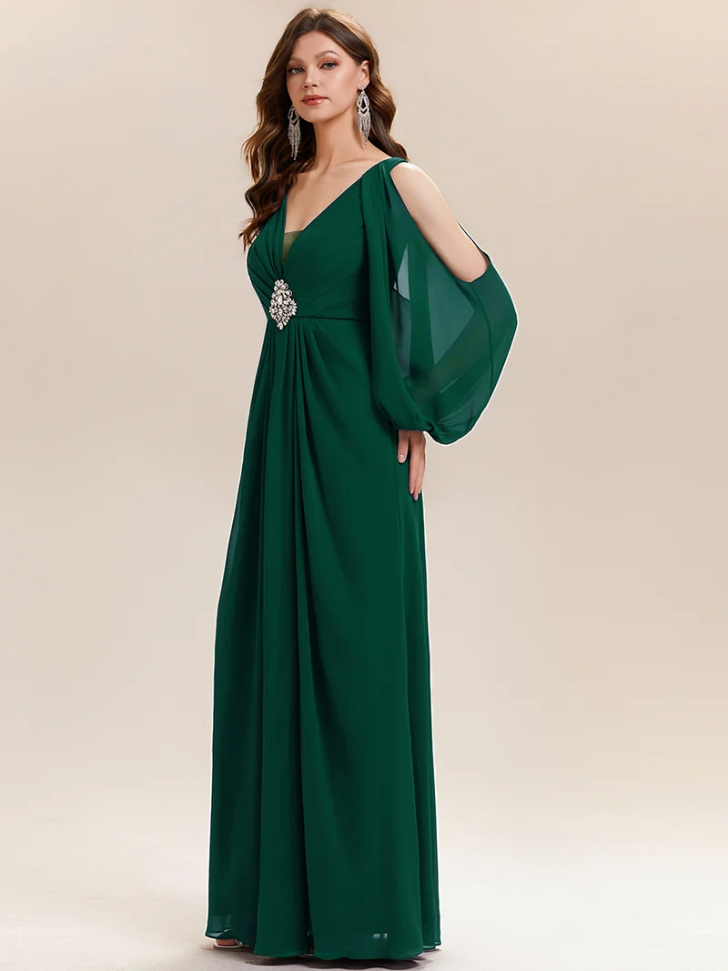ever MARINA|Robe Maxi à Manches Longues Col V avec Détails en Strass Froncés