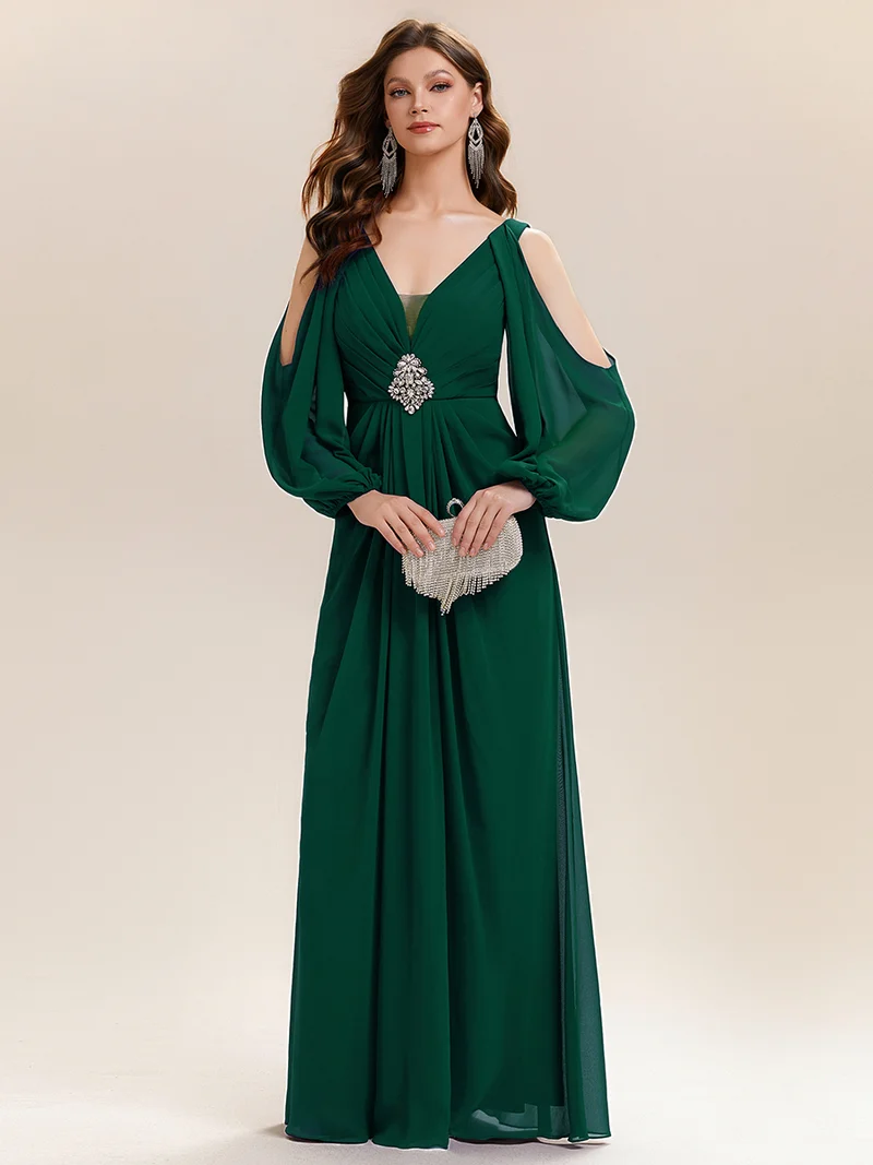 ever MARINA|Robe Maxi à Manches Longues Col V avec Détails en Strass Froncés