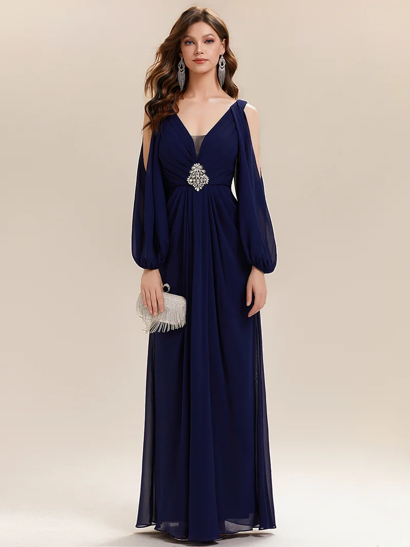 ever MARINA|Robe Maxi à Manches Longues Col V avec Détails en Strass Froncés