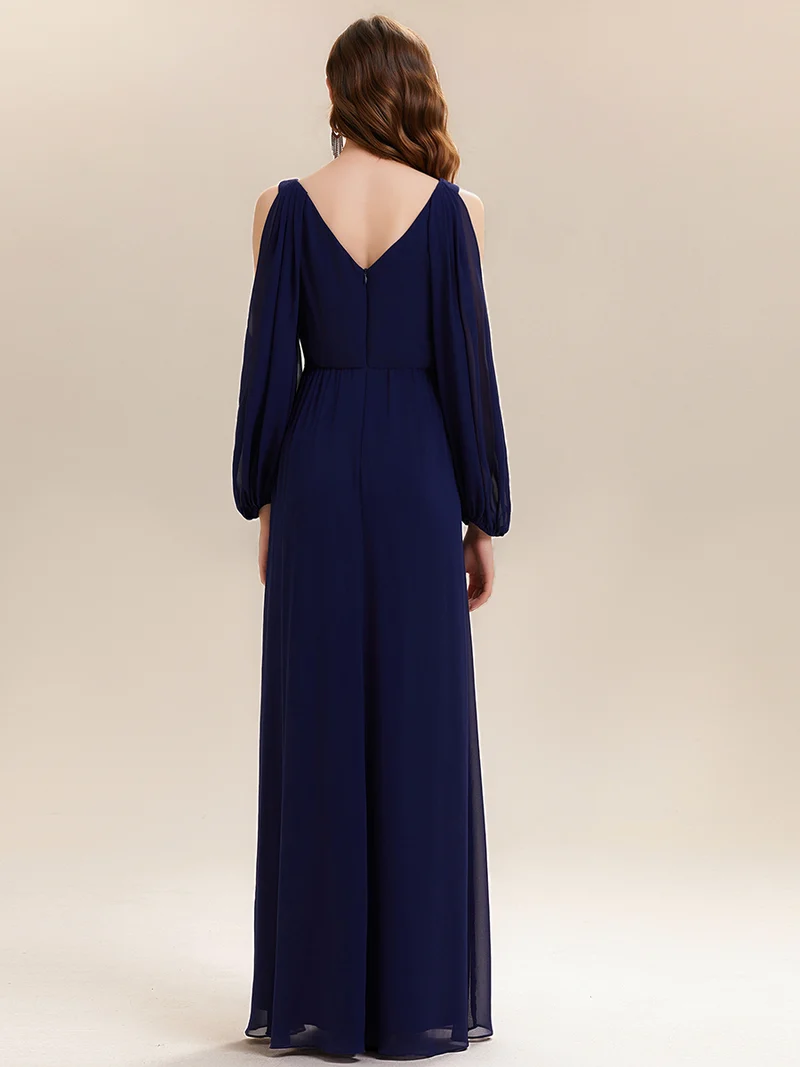 ever MARINA|Robe Maxi à Manches Longues Col V avec Détails en Strass Froncés
