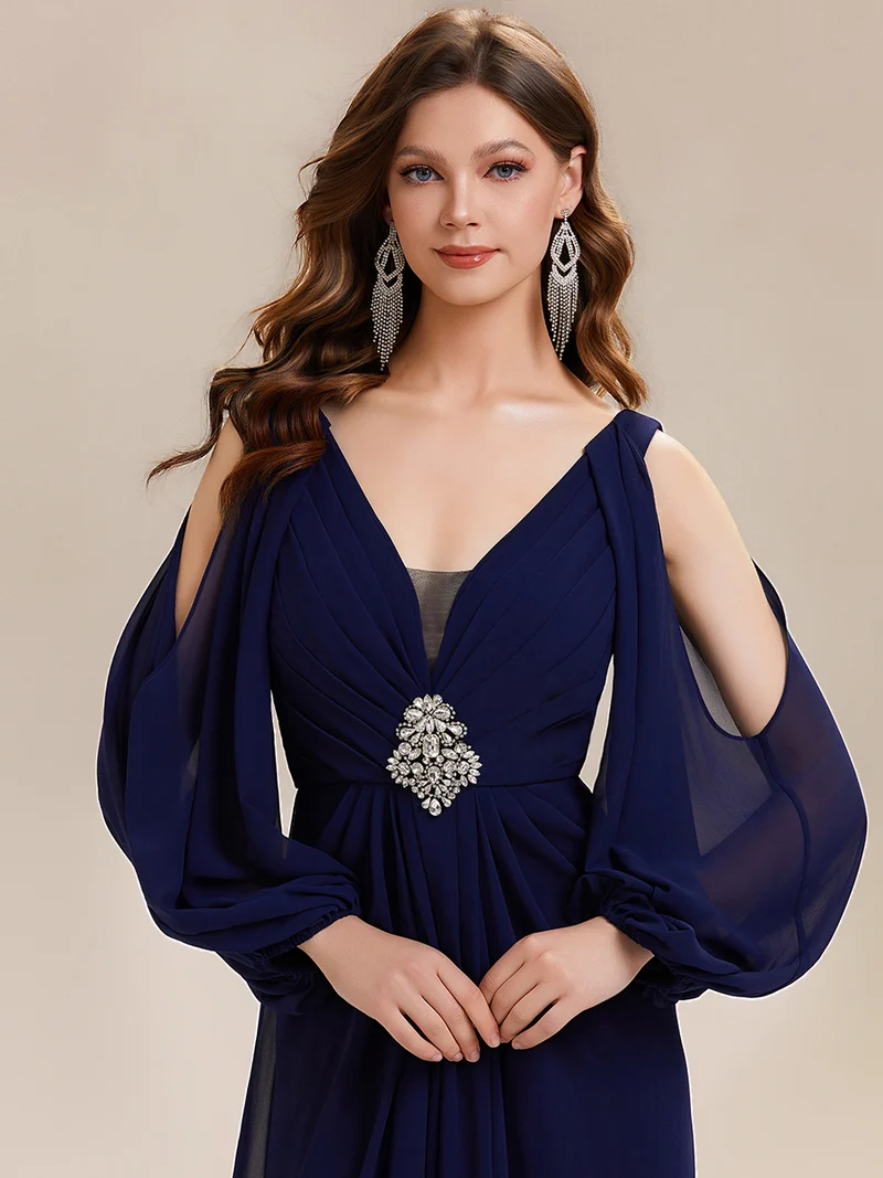 ever MARINA|Robe Maxi à Manches Longues Col V avec Détails en Strass Froncés