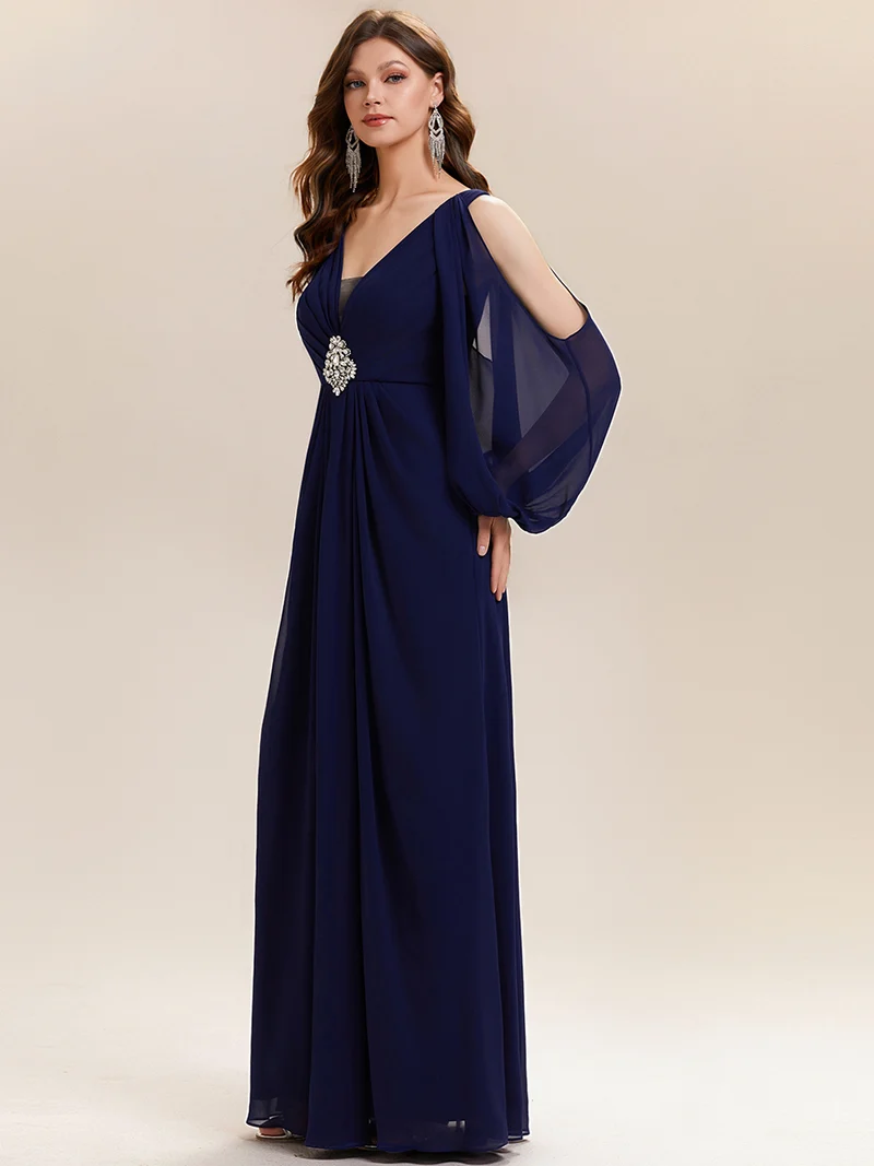 ever MARINA|Robe Maxi à Manches Longues Col V avec Détails en Strass Froncés