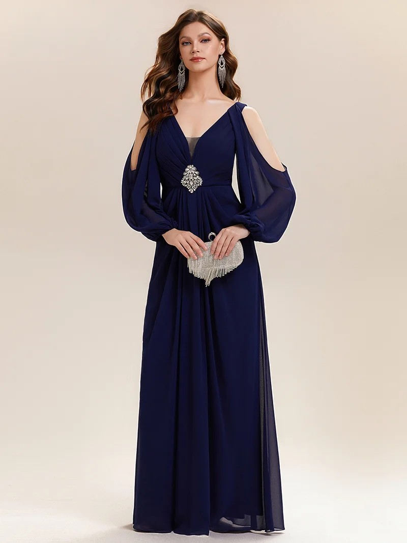 ever MARINA|Robe Maxi à Manches Longues Col V avec Détails en Strass Froncés