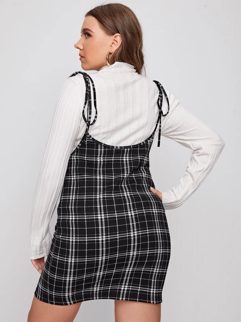 Knoted Plaid Pinafore Dress