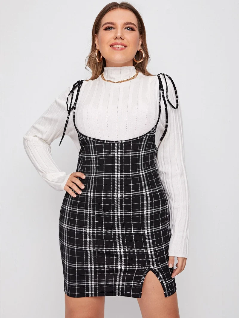 Knoted Plaid Pinafore Dress