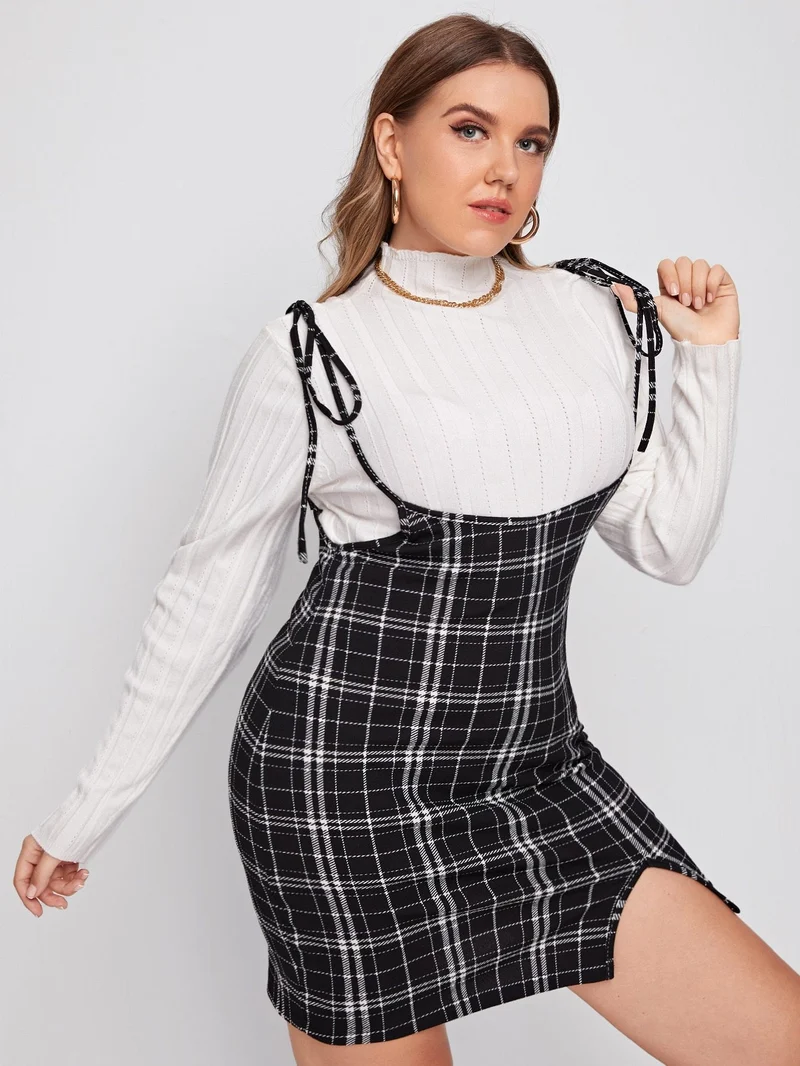 Knoted Plaid Pinafore Dress