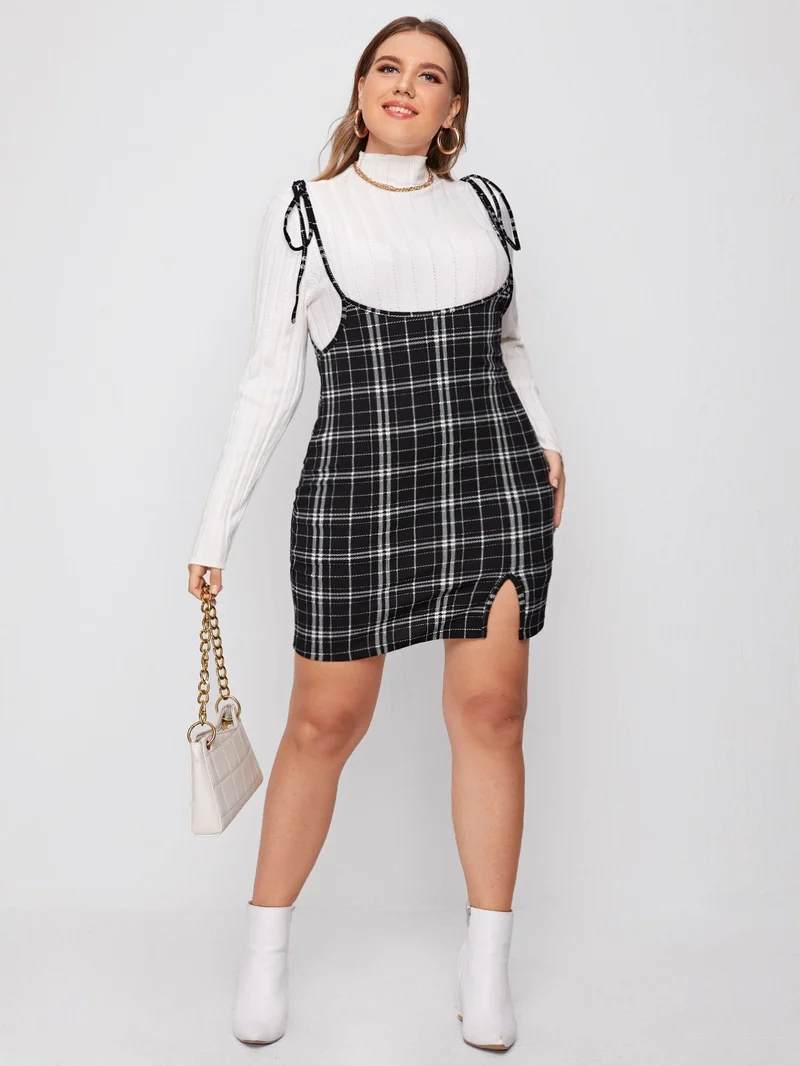 Knoted Plaid Pinafore Dress