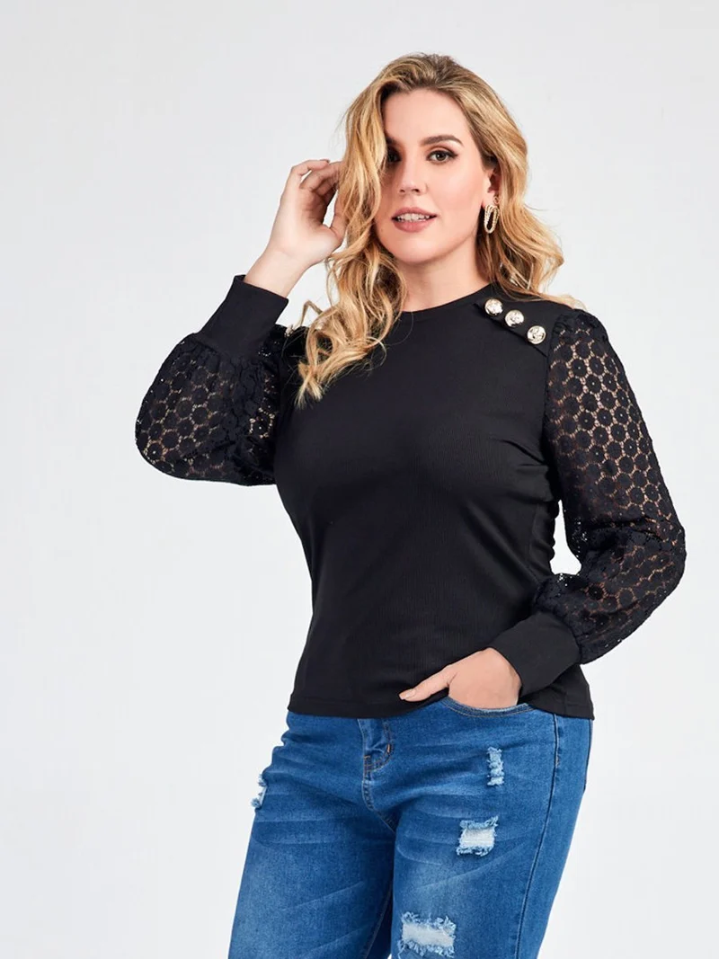 Lace Jacquard Button T-shirt
