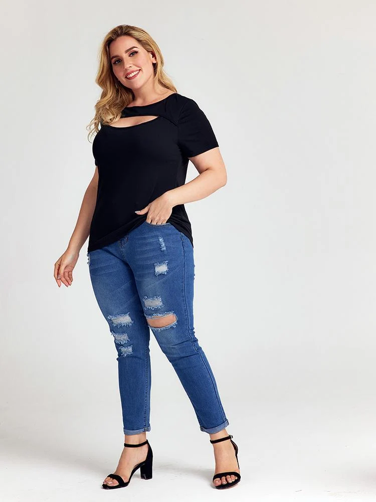 Cut out Round-neck Tops
