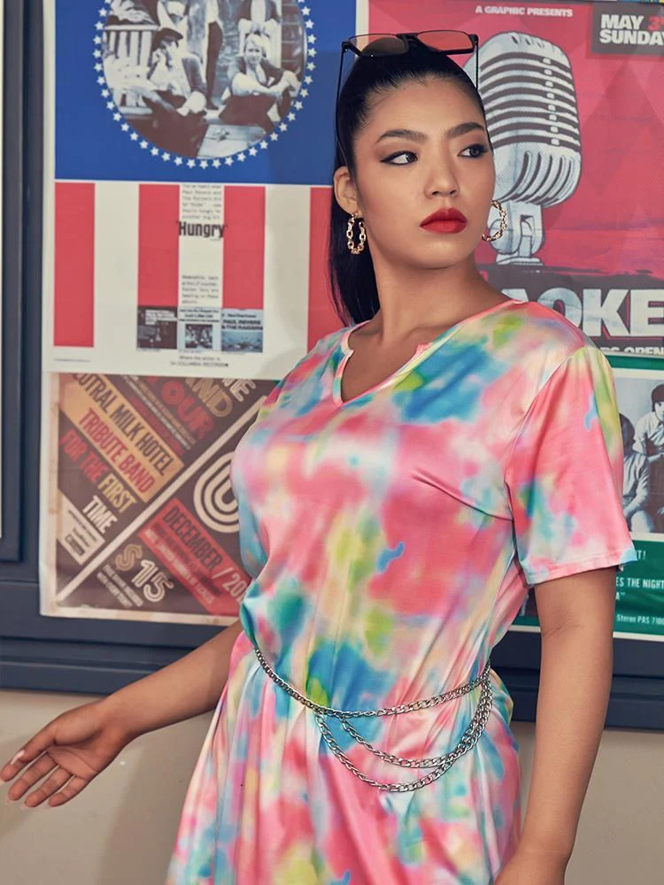Chain Tie Dye V-neck Dress