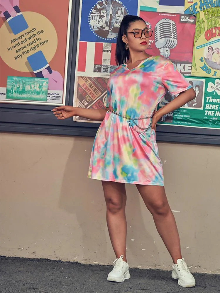 Chain Tie Dye V-neck Dress