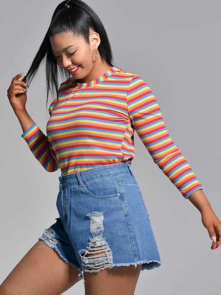 Rainbow Stripe Round-neck Top