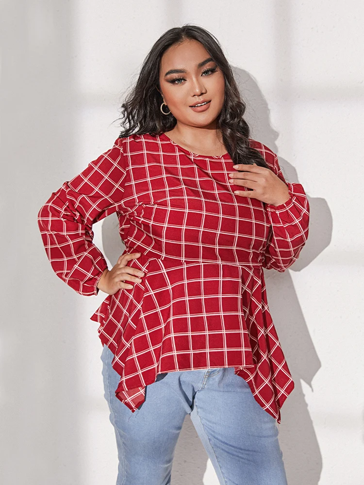Gingham Asymmetrical Regular Blouses